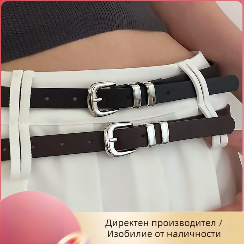 Дамски тънък колан от PU кожа с метална халка и сребърна катарама, минималистичен дизайн, дължина 105 см, корейски стил