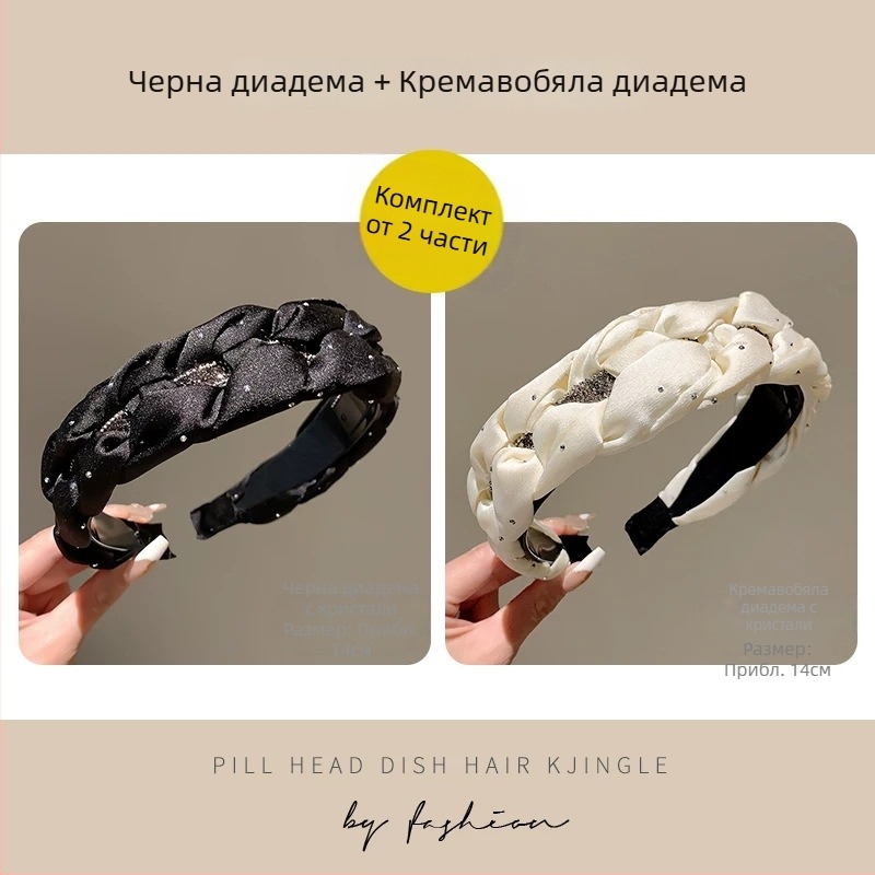 2025 френски стил лента за глава с блестящи кристали, сатенена широка лента за коса, елегантна висока корона