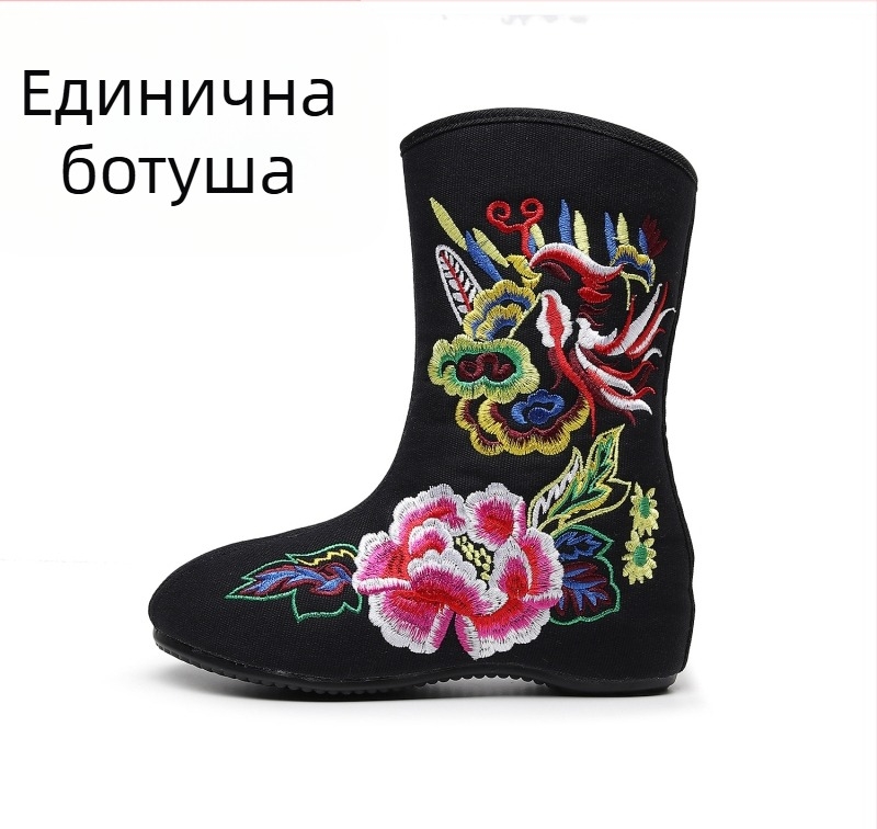 Дамски къси ботуши с бродирани платнени детайли, зимен китайски етно стил, бродерия с червен феникс и пион, подплата от кадифе