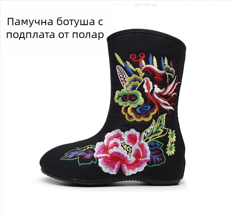 Дамски къси ботуши с бродирани платнени детайли, зимен китайски етно стил, бродерия с червен феникс и пион, подплата от кадифе