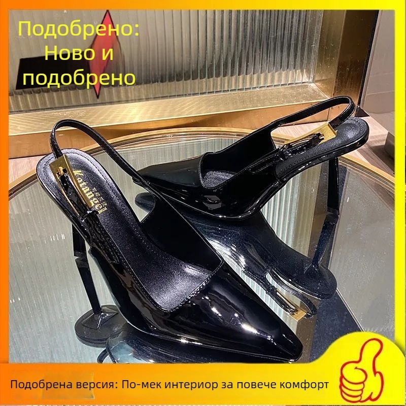 24 ранна пролет: дамски лаковани PU сандали със златна лента, супер високи токчета, метално копче, модни обувки