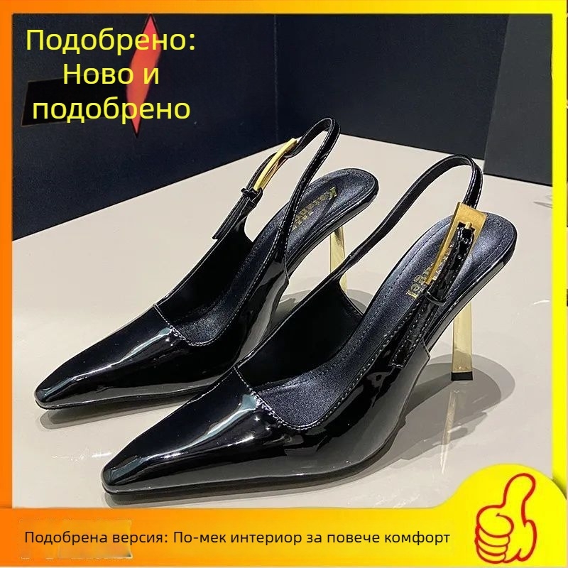 24 ранна пролет: дамски лаковани PU сандали със златна лента, супер високи токчета, метално копче, модни обувки