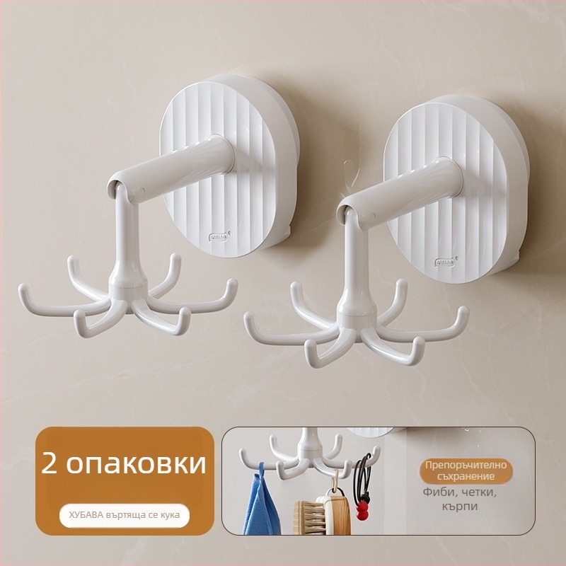 Стенно държач за кухненски прибори с вакуумни вендузи и въртящи се куки за лъжици и шпатули