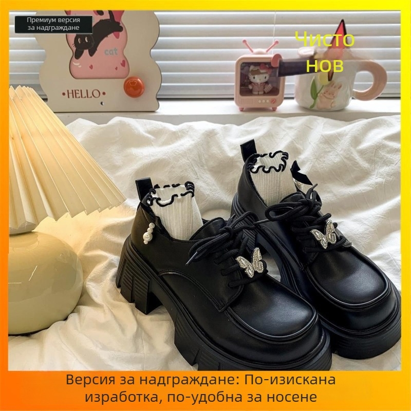 Женски лофери в британски стил, винтидж модел за есенно-зимния сезон 2025, с дебела подметка и масивен висок ток, връзки, кожени обувки