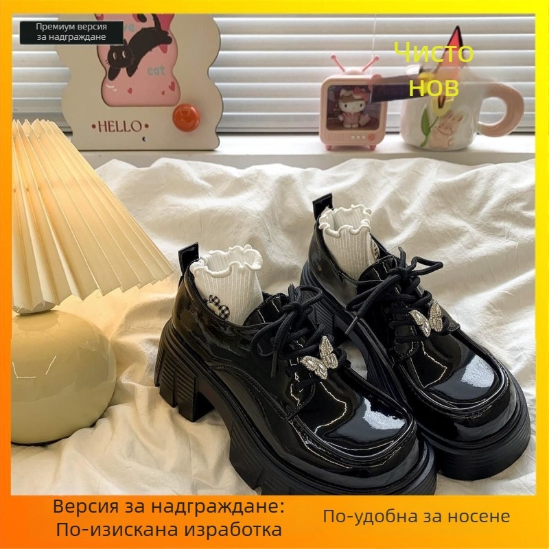 Женски лофери в британски стил, винтидж модел за есенно-зимния сезон 2025, с дебела подметка и масивен висок ток, връзки, кожени обувки
