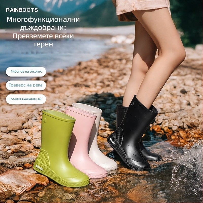 Дамски водоустойчиви ботуши за дъжд до средата на прасците, противохлъзгащи, стилни за ученици и възрастни