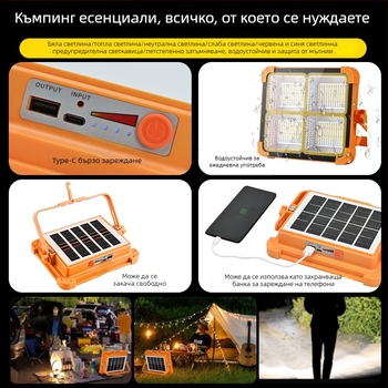Слънчева аварийна LED лампа за открито, USB презареждаем палатков фенер, къмпинг фенер, многофункционално LED осветление