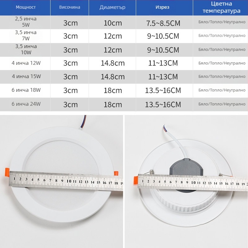 LED вградена таванна светлина, downlight, 5W трицветна димерна светлина за дневна и коридор, Cat-Eye прожектор