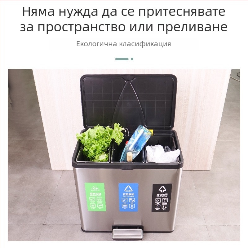 Кош за отпадъци от неръждаема стомана със разделяне на сухи и мокри отпадъци, педално отваряне, двойна или тройна секция, за кухня, хол и офис