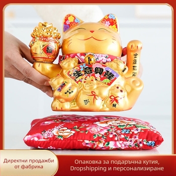 Златна керамична котка Манеки с подвижна лапа – декоративна фигура за офис и дом, размери голям и малък
