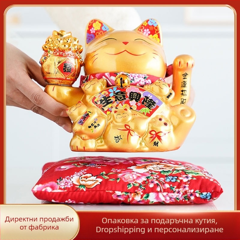 Златна керамична котка Манеки с подвижна лапа – декоративна фигура за офис и дом, размери голям и малък