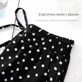 Женски широки панталони с точков принт от ice silk, летни, висока талия, драпирани, свободни, шифон