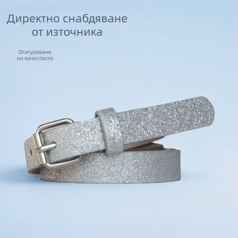 Дамски колан PU кожа с блестящи детайли, розово‑сребрист цвят, евро‑американски стил, тънък (<2 см), дължина 105 см, катарама с щифт