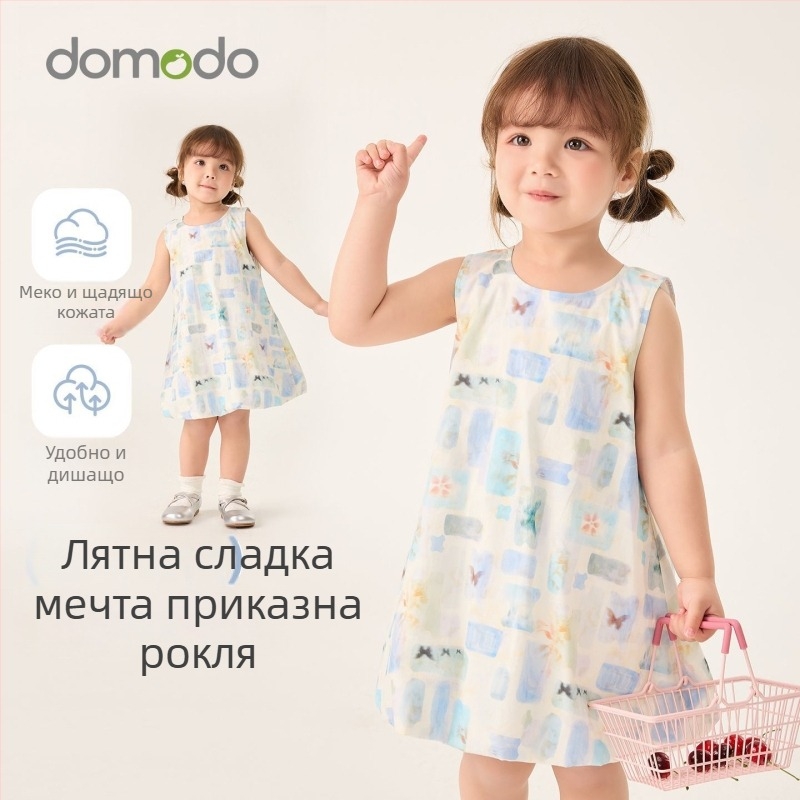 Детска лятна безръкавна рокля за момичета от 100% памук, с карикатурен принт, приятна за кожата и дишаща, приказна принцесова рокля