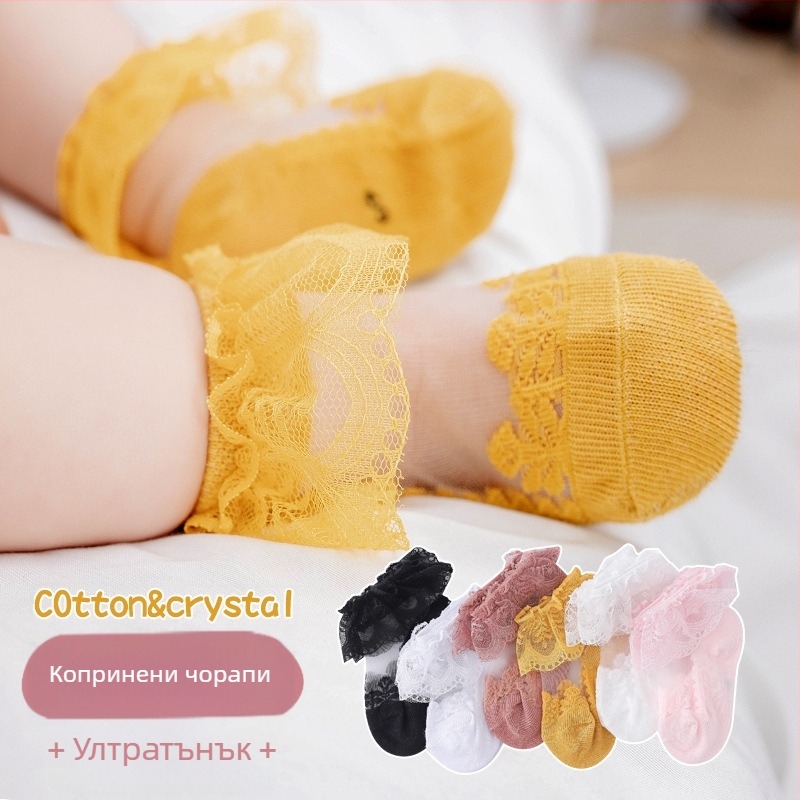 Детски чорапи за момичета с дантела, летни тънки чорапи с кристали, дишащи къси чорапи за принцеси