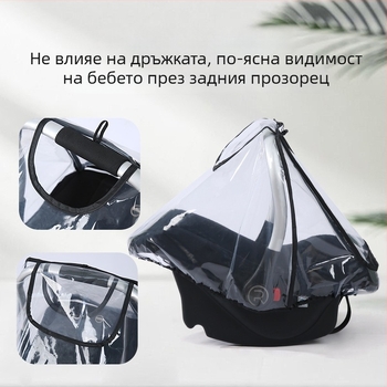 Прозрачен дъждобран за бебешка количка и кошница — вятърозащита, защита от прах и капчици