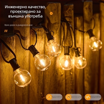 G40 слънчеви декоративни водоустойчиви LED светлинни вериги за двор, външни LED светлини за атмосфера на къмпинг палатка, USB захранване