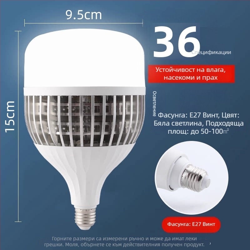 LED лампа с алуминиево охлаждащо тяло и ребра, висока мощност, финна конструкция, база E27, енергоспестяваща индустриална лампа за фабрика/склад