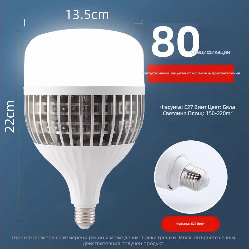 LED лампа с алуминиево охлаждащо тяло и ребра, висока мощност, финна конструкция, база E27, енергоспестяваща индустриална лампа за фабрика/склад