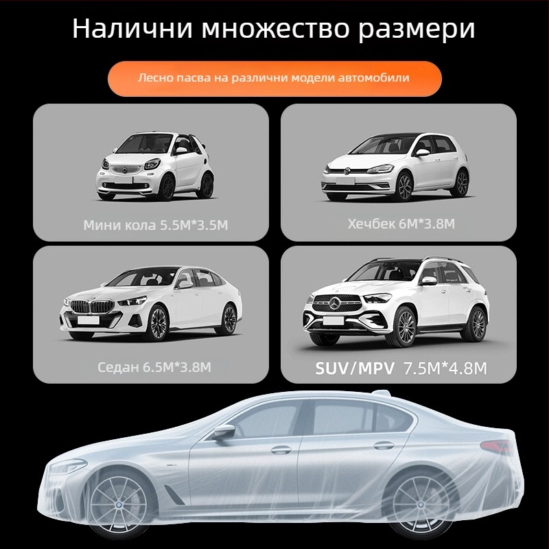 Еднократно покривало за автомобил, прозрачно пластмасово, защита от слънце и дъжд, универсално за боядисване, прахозащитно