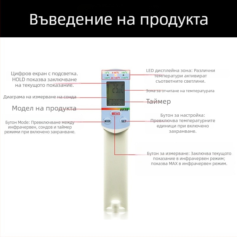 Hengxin AZ-8838 Инфрачервен термометър за хранителни и индустриални приложения, високопрецизна сонда