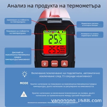 Безконтактен инфрачерен термометър за измерване на температурата на вода и масло в кухнята, високопрецизен