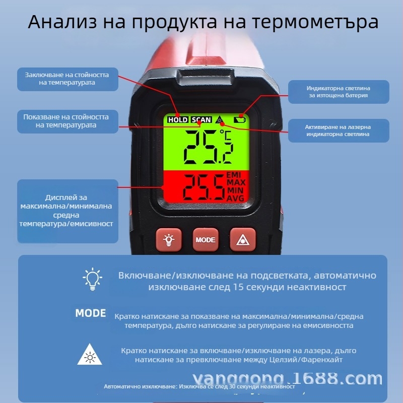 Безконтактен инфрачерен термометър за измерване на температурата на вода и масло в кухнята, високопрецизен