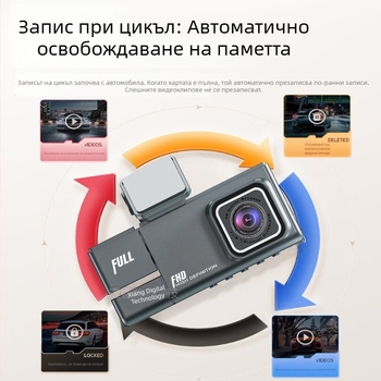 Триобективен видеорегистратор с предна, вътрешна и задна камера, 1080p, 2.0-инчов дисплей, 140° зрителен ъгъл, циклично записване, паркинг монитор, детекция на движение, монтаж на предното стъкло