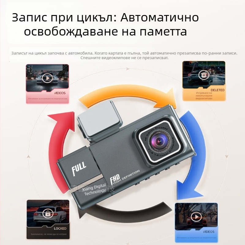 Триобективен видеорегистратор с предна, вътрешна и задна камера, 1080p, 2.0-инчов дисплей, 140° зрителен ъгъл, циклично записване, паркинг монитор, детекция на движение, монтаж на предното стъкло