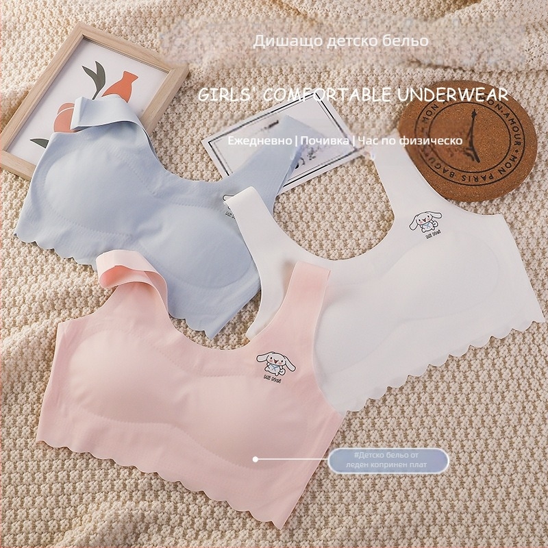 Безшевен потник за момичета с тънки формовани чашки, Ice Silk плат и нейлон, покритие на гърба, леко лятно бельо за възраст 7–12 г