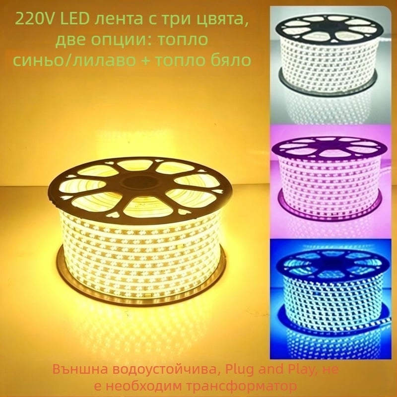 220V LED лента за външно осветление, водоустойчива, трицветно димер и промяна на цвета, таванно атмосферно осветление