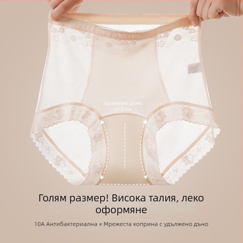 Дамски бикини с висока талия за плюс размер, мрежеста тъкан и подплата от мулберри коприна, полупрозрачна дантела