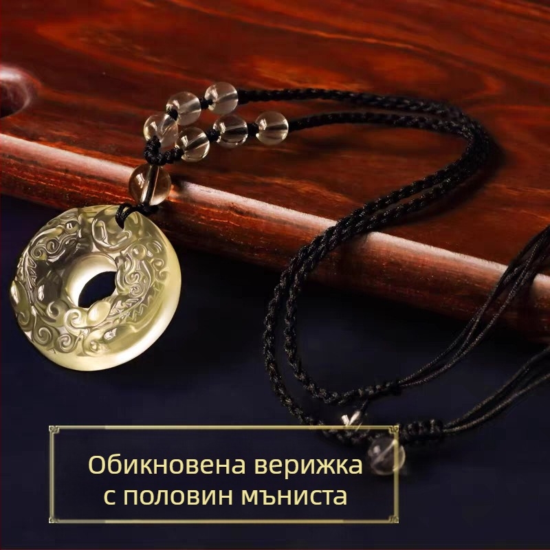 Жълто стъкло, двойна Pixiu – висулка амулет, огърлица за мъже и жени, луксозен стил