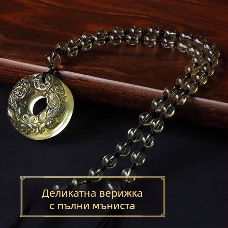 Жълто стъкло, двойна Pixiu – висулка амулет, огърлица за мъже и жени, луксозен стил