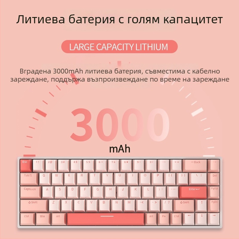 Red Fury H68 Sakura тема, клавиатура с три режима RGB, Bluetooth и кабелна връзка, механични сини превключватели, горещо сменяеми ключове
