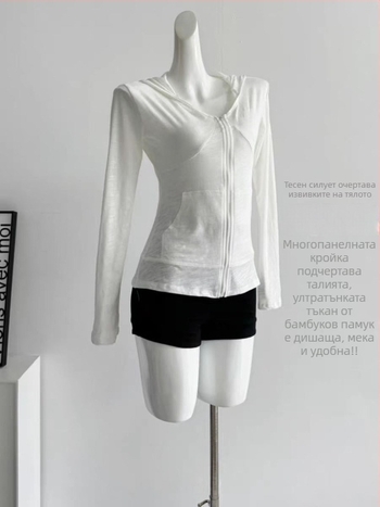 Jianmanni Дамска качулкова тениска с цип и UV защита, дълги ръкави, тясно подчертана фигура и талия, спортно горнище за лято