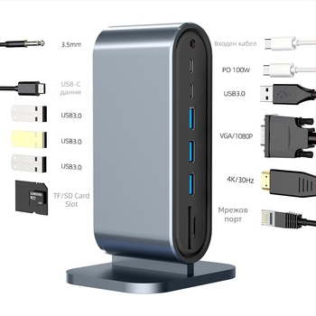 12-в-1 USB-C докинг станция с Thunderbolt 3, двойни дисплеи 4K60Hz, алуминиево тяло, OEM персонализация