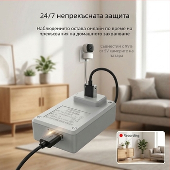 Вътрешно 5V захранване за охранителна камера с адаптер за щепсел и UPS за непрекъснато захранване
