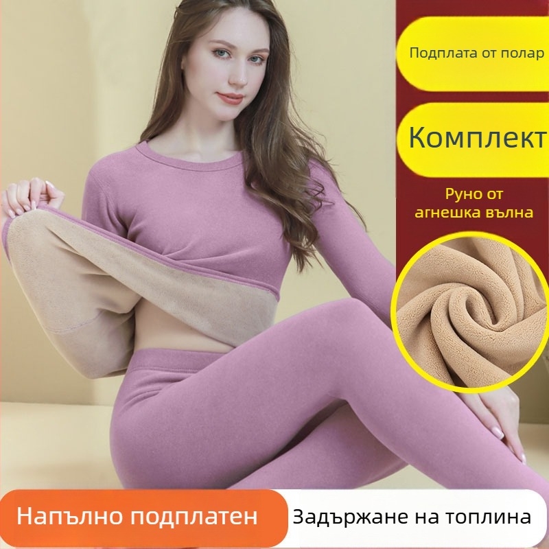 Женски термокомплект със подплата от шерпа, самоподгряваща се топлина, ултра дебел за зима, кръгло деколте