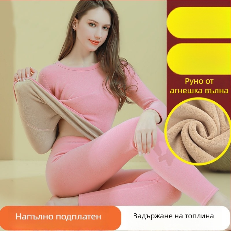 Женски термокомплект със подплата от шерпа, самоподгряваща се топлина, ултра дебел за зима, кръгло деколте