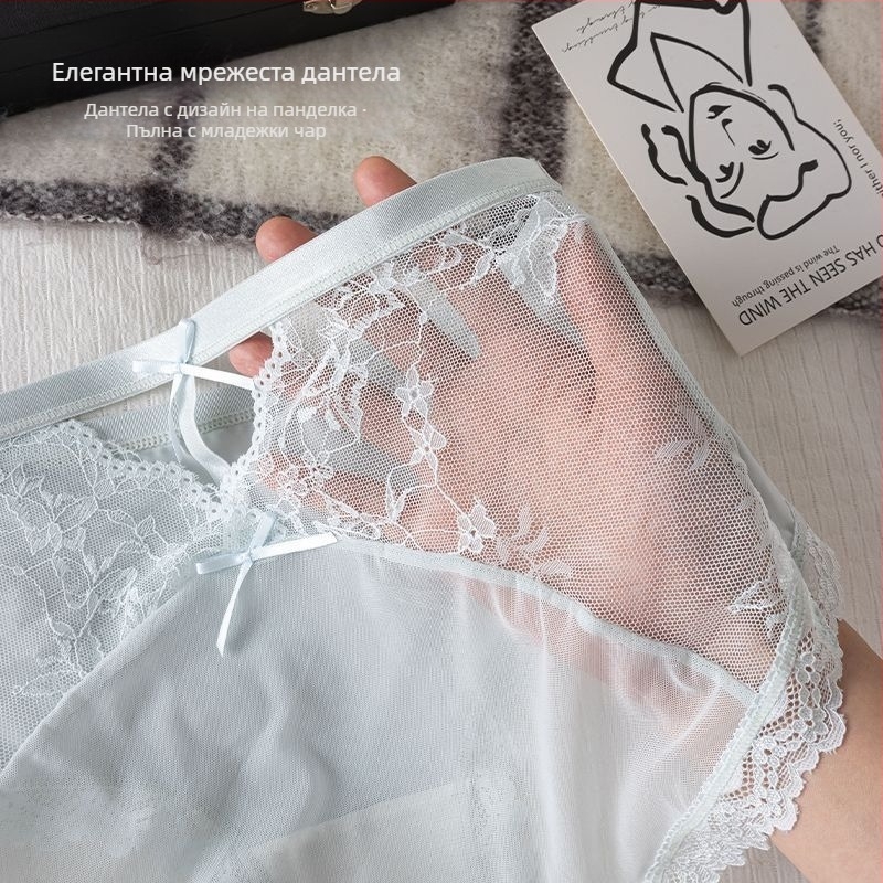 Френски стил дамски дантелени бикини, сатен Ice Silk дантела, средна талия, антибактериална зона