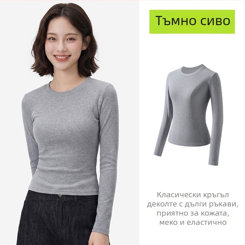 Женска тениска с дълги ръкави в японски стил, едноцветна, кръгла яка, подчертана талия, слим фит, есенен класически модел