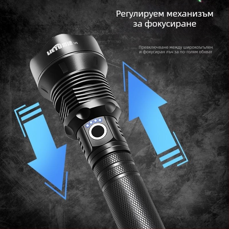 Фенер с удължен обсег, четириядрен високопроизводителен, ултраярък със зум, презареждаем с две батерии, за къмпинг и дълъг обхват