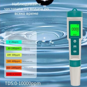 Осем в едно тестер за качество на водата с pH, TDS, EC, соленост, SG, ORP, температура и H2