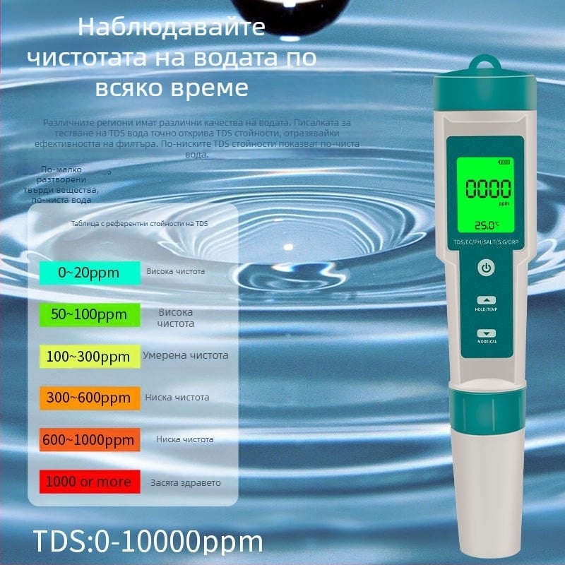 Осем в едно тестер за качество на водата с pH, TDS, EC, соленост, SG, ORP, температура и H2