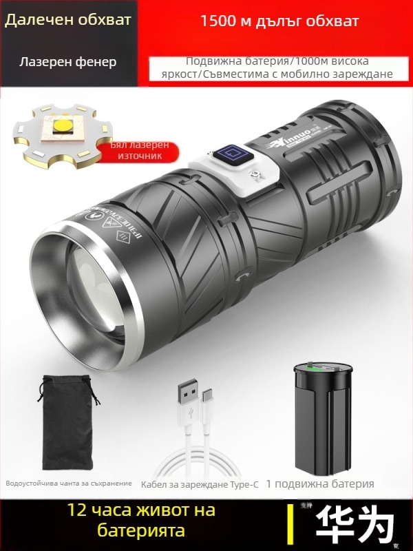 Yinnuo LED фенерче за открито - презареждащ се, ултра ярък, над 500 м обсег, водоустойчив, преносим тактически прожектор