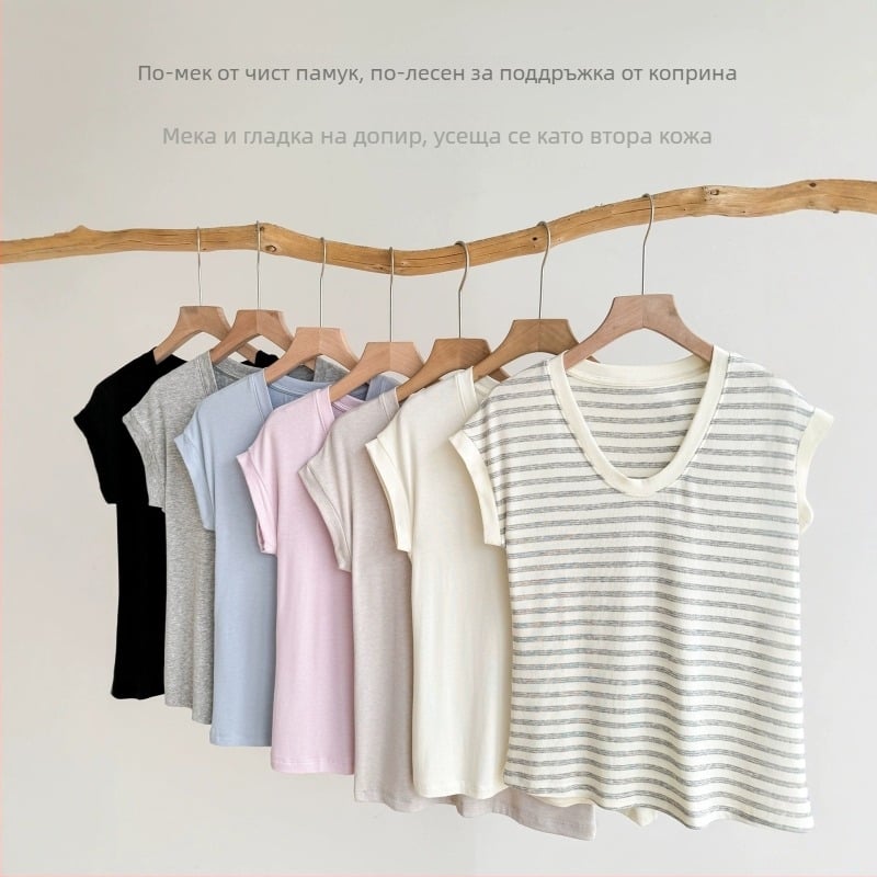 Дамска лятна T‑shirt с къс ръкав от тенсел-модал, Slim Fit, паднали рамене