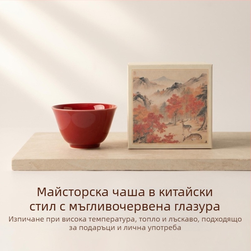 Червена глазирана порцеланова чаша за чай в китайски стил, високотемпературен порцелан, единична чаша за ежедневна употреба
