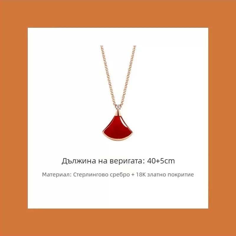 Женска фен-образна огърлица, VGold покритие, камъни, бяла майчина перла и червен ахат, клавикуларна верижка, дължина 41–50 cm