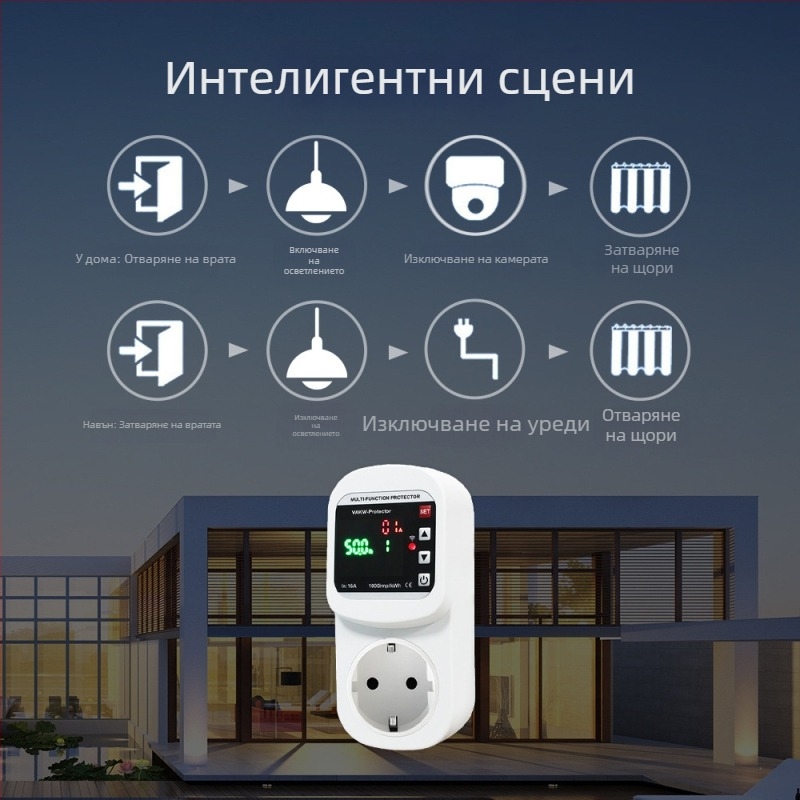 WiFi мултифункционален смарт контакт с дисплей за измерване на енергия, гласово управление и защита срещу пренапрежение и ниско напрежение